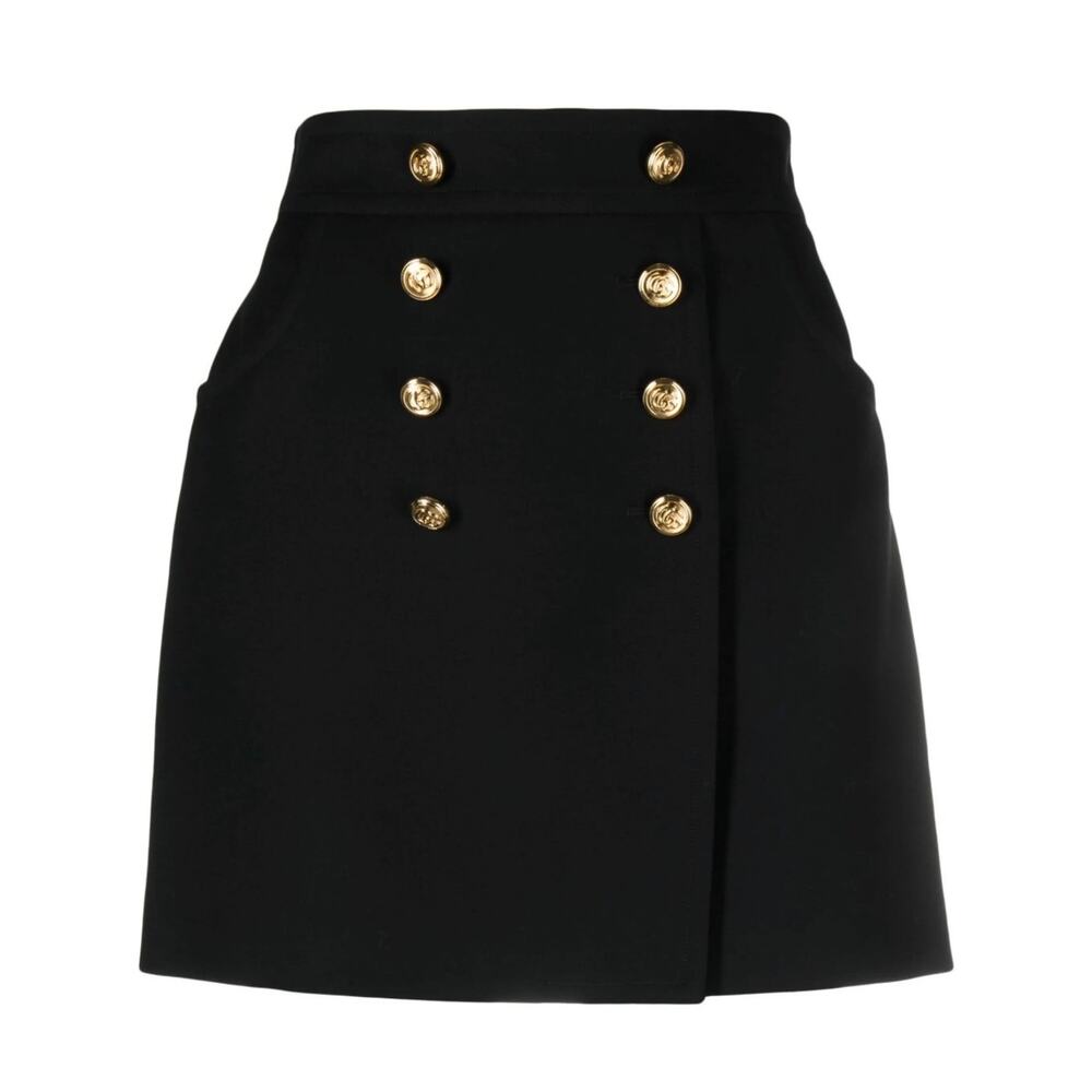 Gucci Black Crepe Button Skirt IT 36 NWT Gold Button Wool Silk Mini